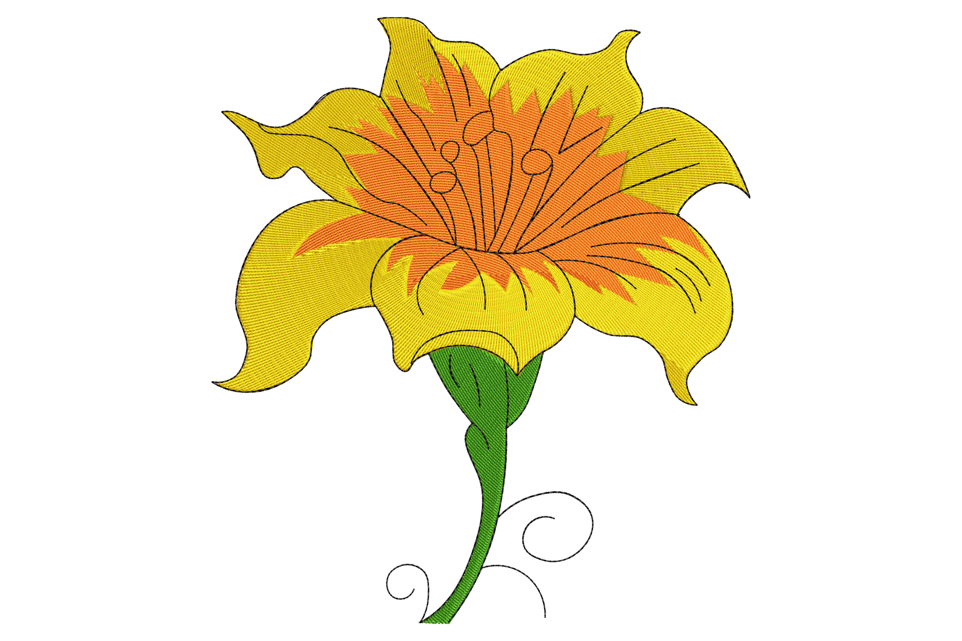 Yellow lily flower embroidery design, butter yellow petals, amber centre, sage stems, 4 colours, white pique cotton.