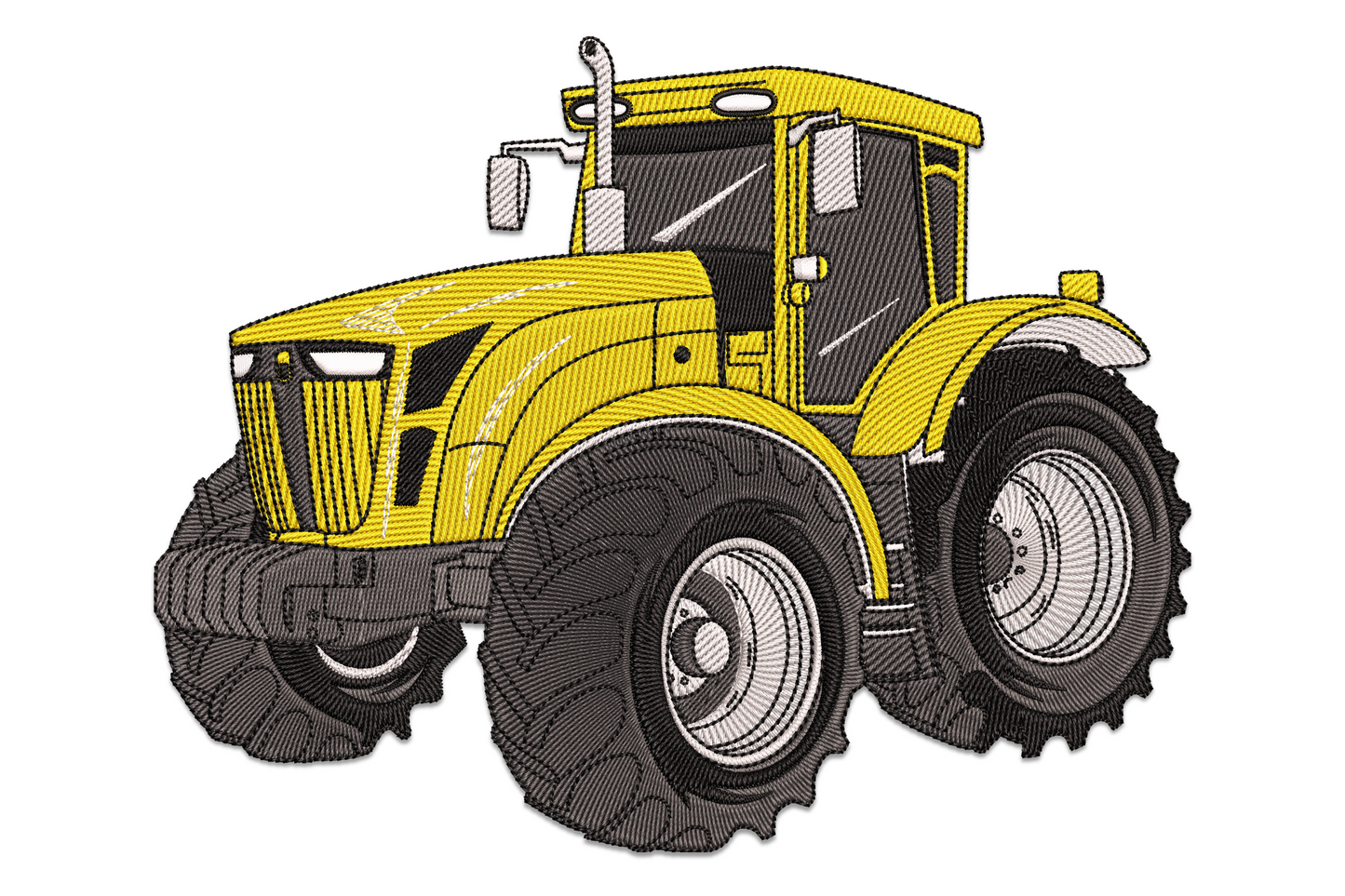 Modern yellow farm tractor embroidery in three-quarter view with chunky deep-tread tyres, crosshatch window shading and exhaust stack, machine embroidery design on white background