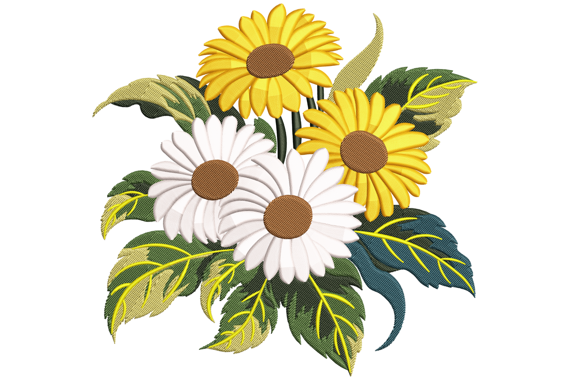 Yellow and white daisy bouquet embroidery design with golden daisies, white daisies, brown centres and dark variegated green leaves with yellow edge detailing.