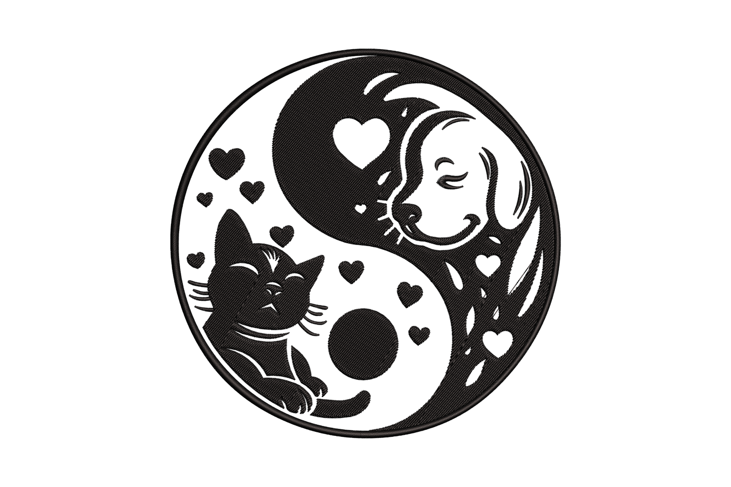 Yin yang cat dog embroidery design, black medallion with sleeping dog face above and curled cat below, scattered tiny hearts.