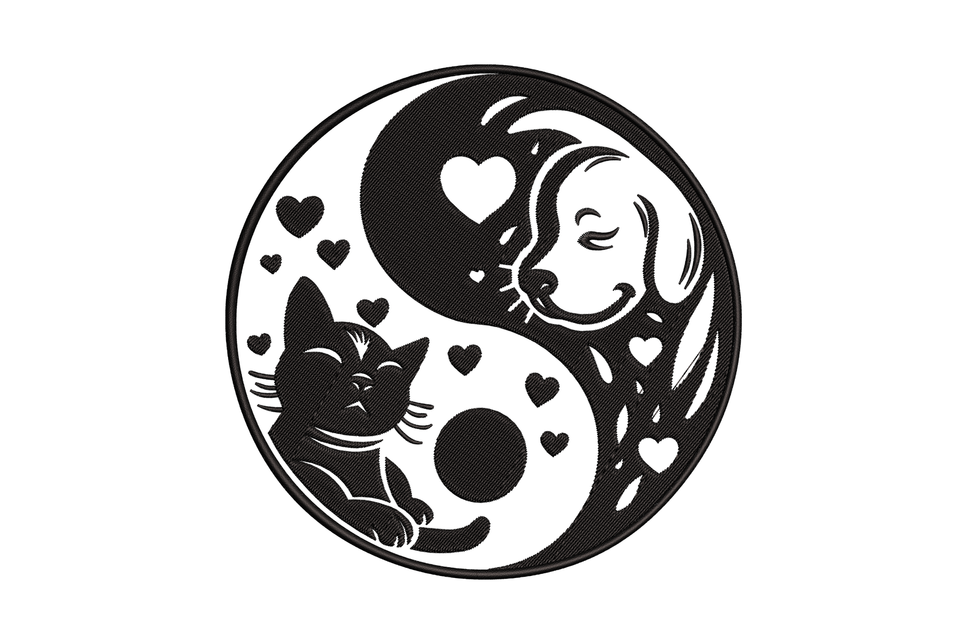 Yin yang cat dog embroidery design, black medallion with sleeping dog face above and curled cat below, scattered tiny hearts.