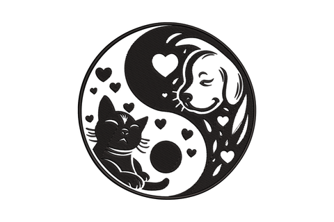 Yin yang cat dog embroidery design, black medallion with sleeping dog face above and curled cat below, scattered tiny hearts.