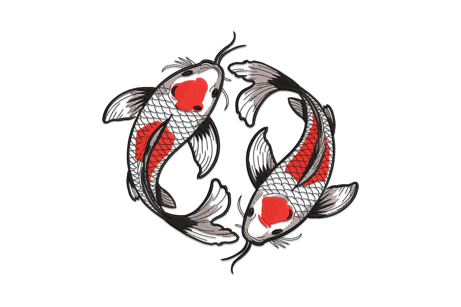 Yin yang koi fish embroidery design, two koi fish swimming in opposite directions forming yin yang symbol in red-orange and white thread