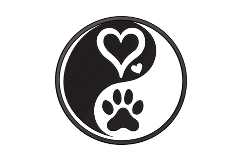 Yin yang paw heart embroidery design, black circular medallion with looped heart on top half and chunky paw print below.