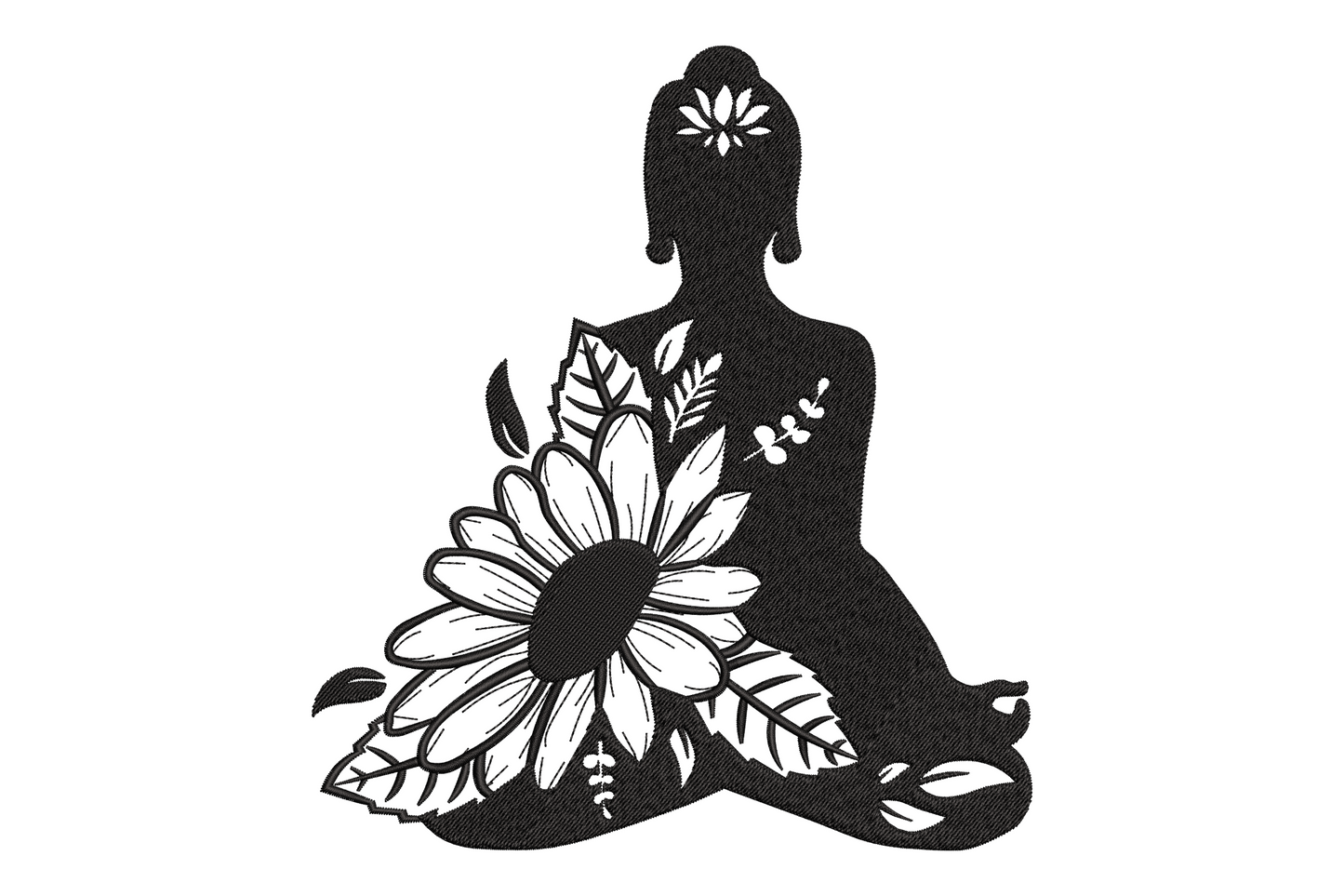 Yoga lotus silhouette embroidery design, seated meditation figure on floral mandala bloom in solid black