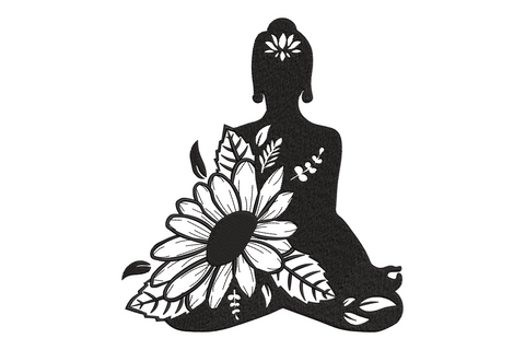 Yoga lotus silhouette embroidery design, seated meditation figure on floral mandala bloom in solid black