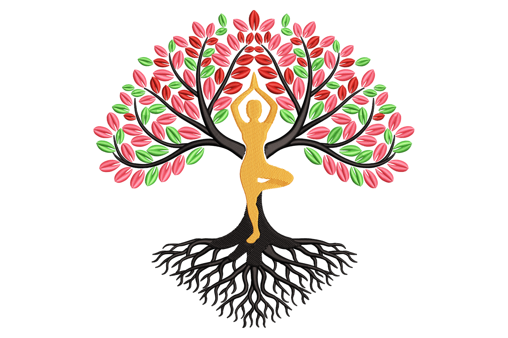 Yoga tree pose embroidery, golden silhouette inside a tree of life with black roots and coral and green canopy.