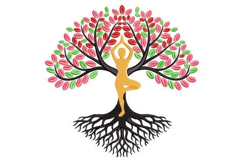 Yoga tree pose embroidery, golden silhouette inside a tree of life with black roots and coral and green canopy.