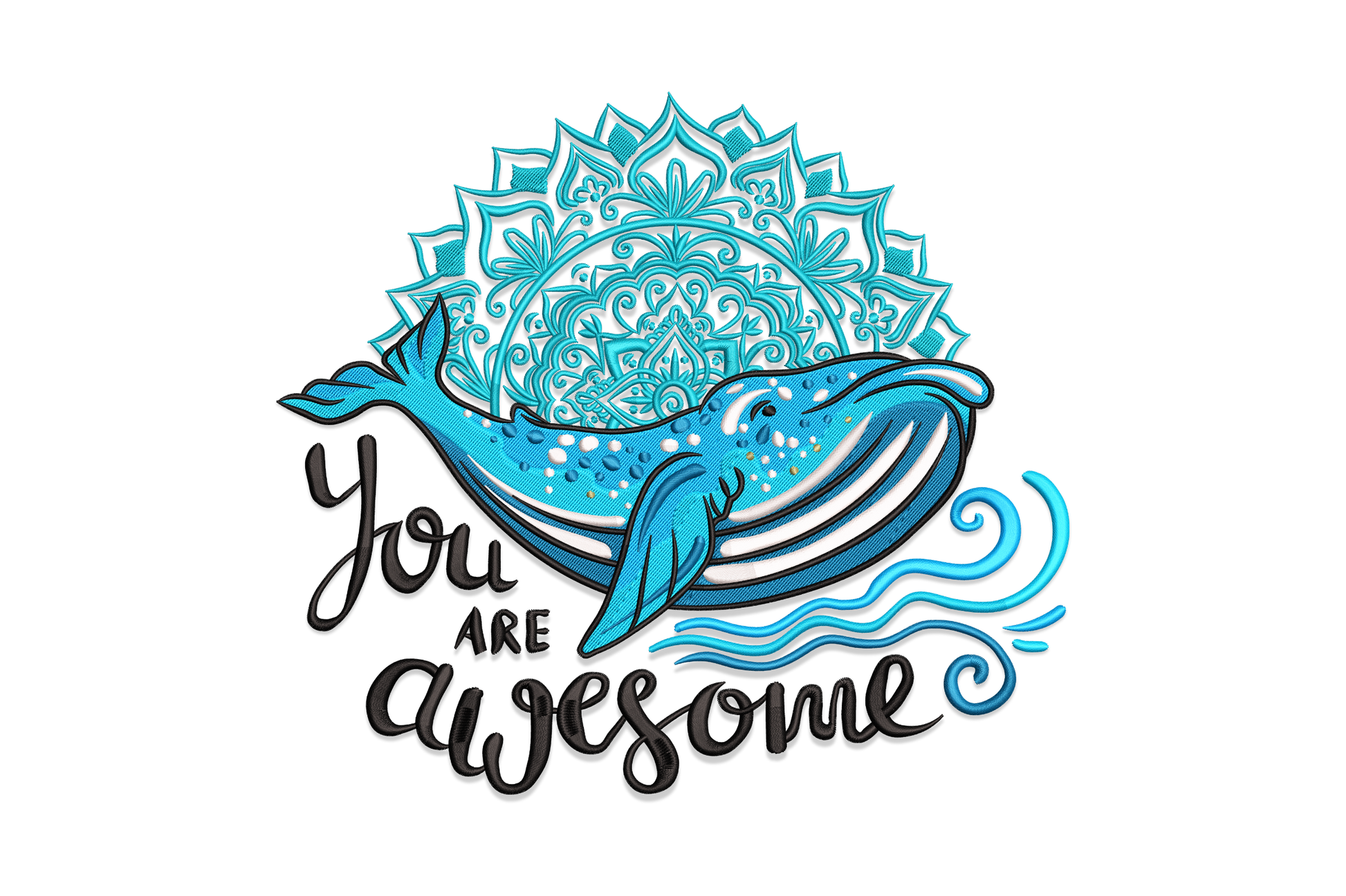 You are awesome whale mandala embroidery design with blue whale, geometric mandala halo and brush-script lettering in 7 thread colours.