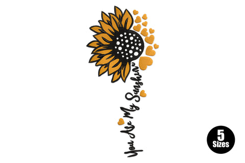 You Are My Sunshine sunflower embroidery design, half sunflower with cursive text stem, orange and black, 5 sizes 4-8 inch