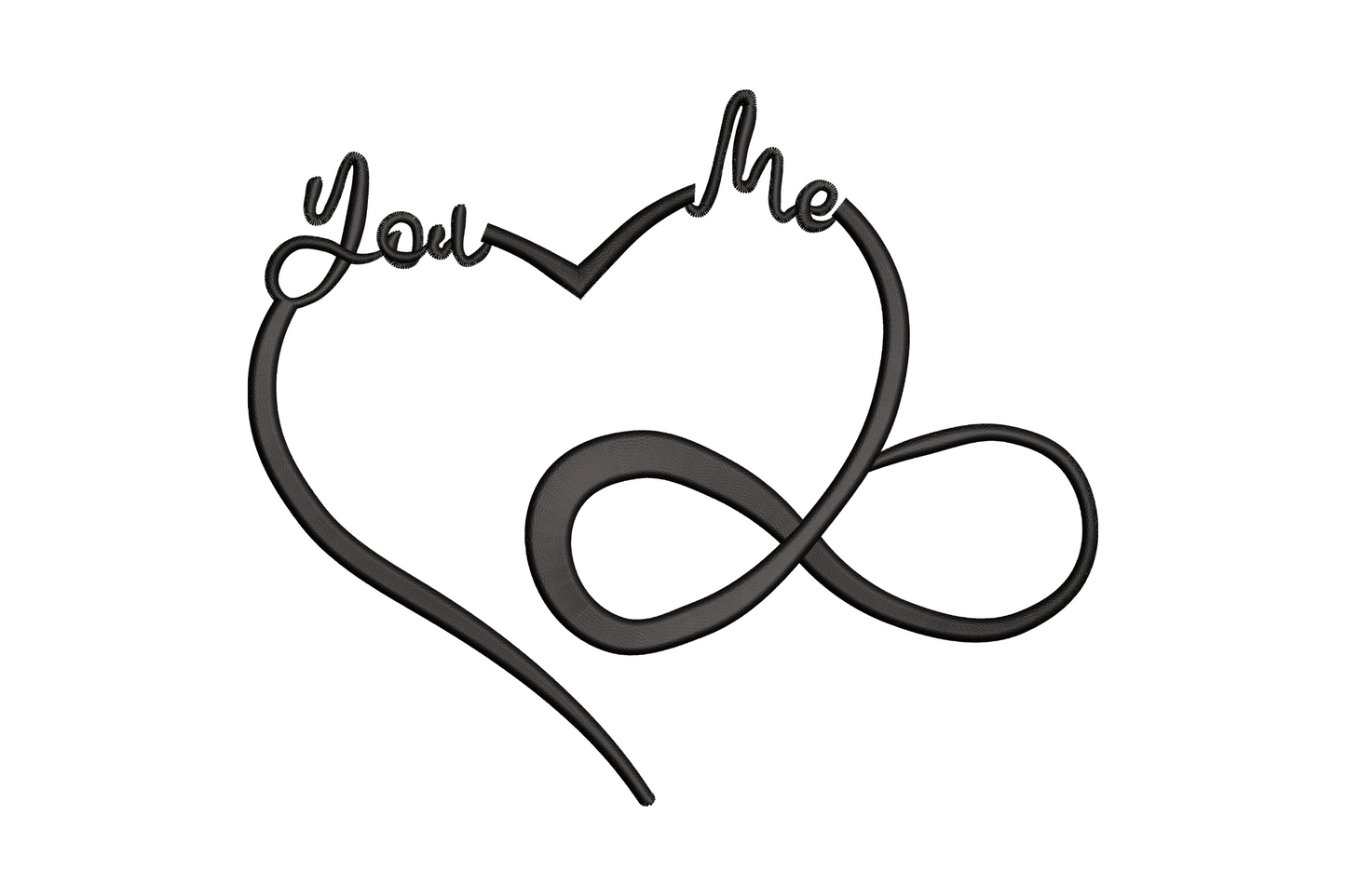 You and Me infinity heart embroidery, single line outline heart merging into infinity loop, script lettering, minimalist