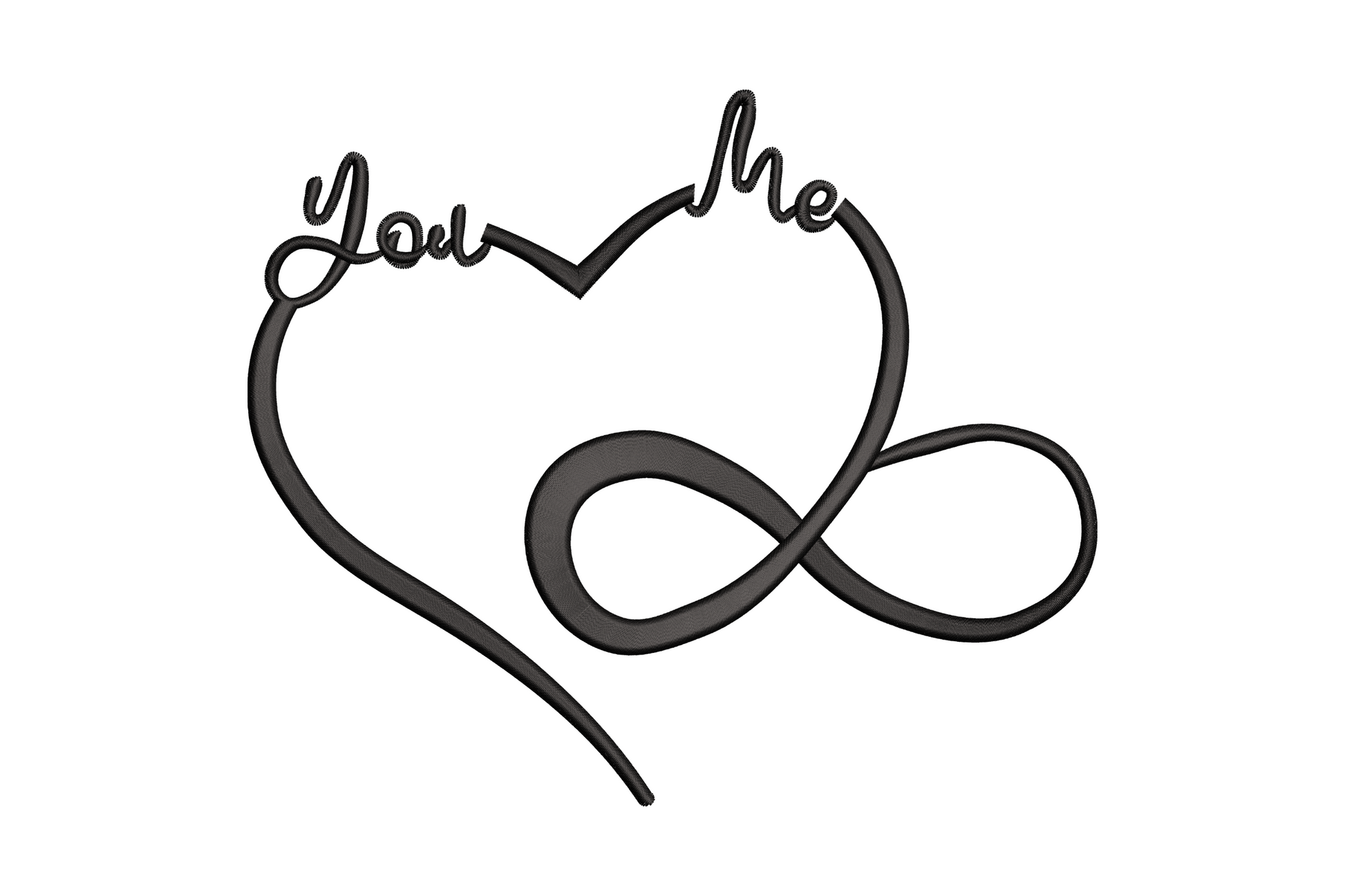 You and Me infinity heart embroidery, single line outline heart merging into infinity loop, script lettering, minimalist