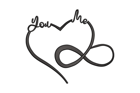 You and Me infinity heart embroidery, single line outline heart merging into infinity loop, script lettering, minimalist