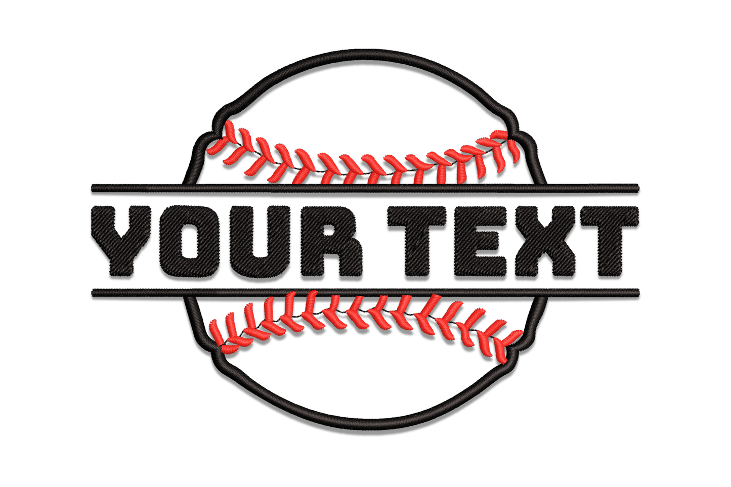 Split baseball embroidery design template with text gap in centre, red seam lines on both halves, classic sports typography frame in 2 colours