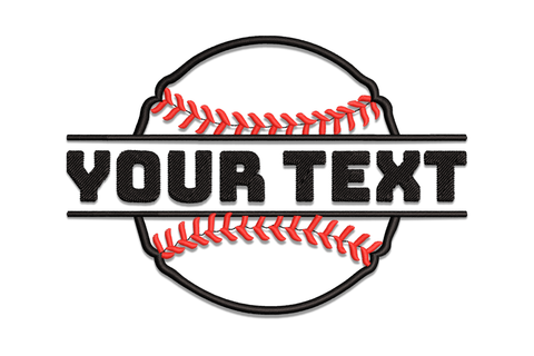Split baseball embroidery design template with text gap in centre, red seam lines on both halves, classic sports typography frame in 2 colours