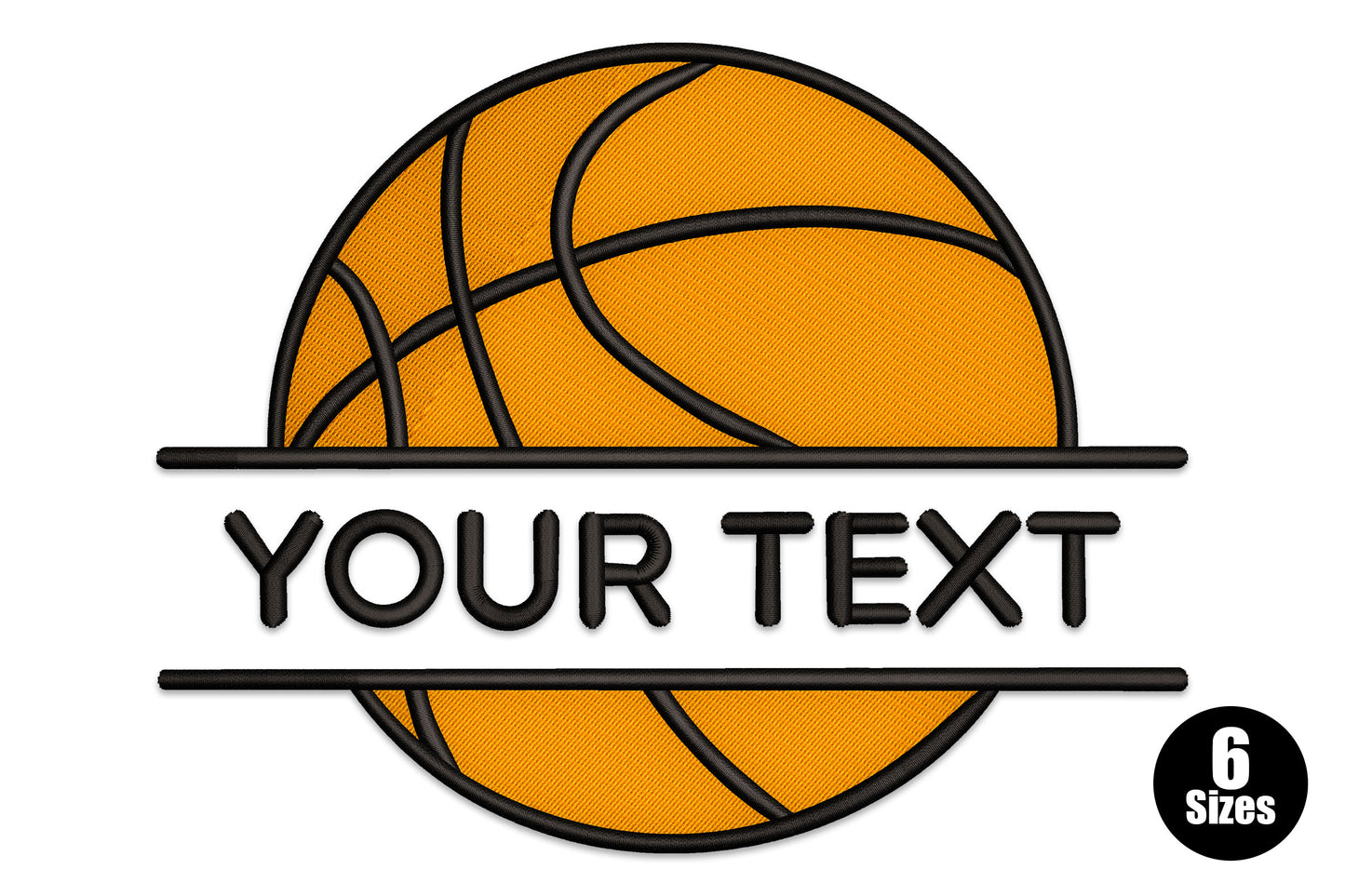 Basketball embroidery design split at the centre with orange ball body, black seam curves, and a text name bar below