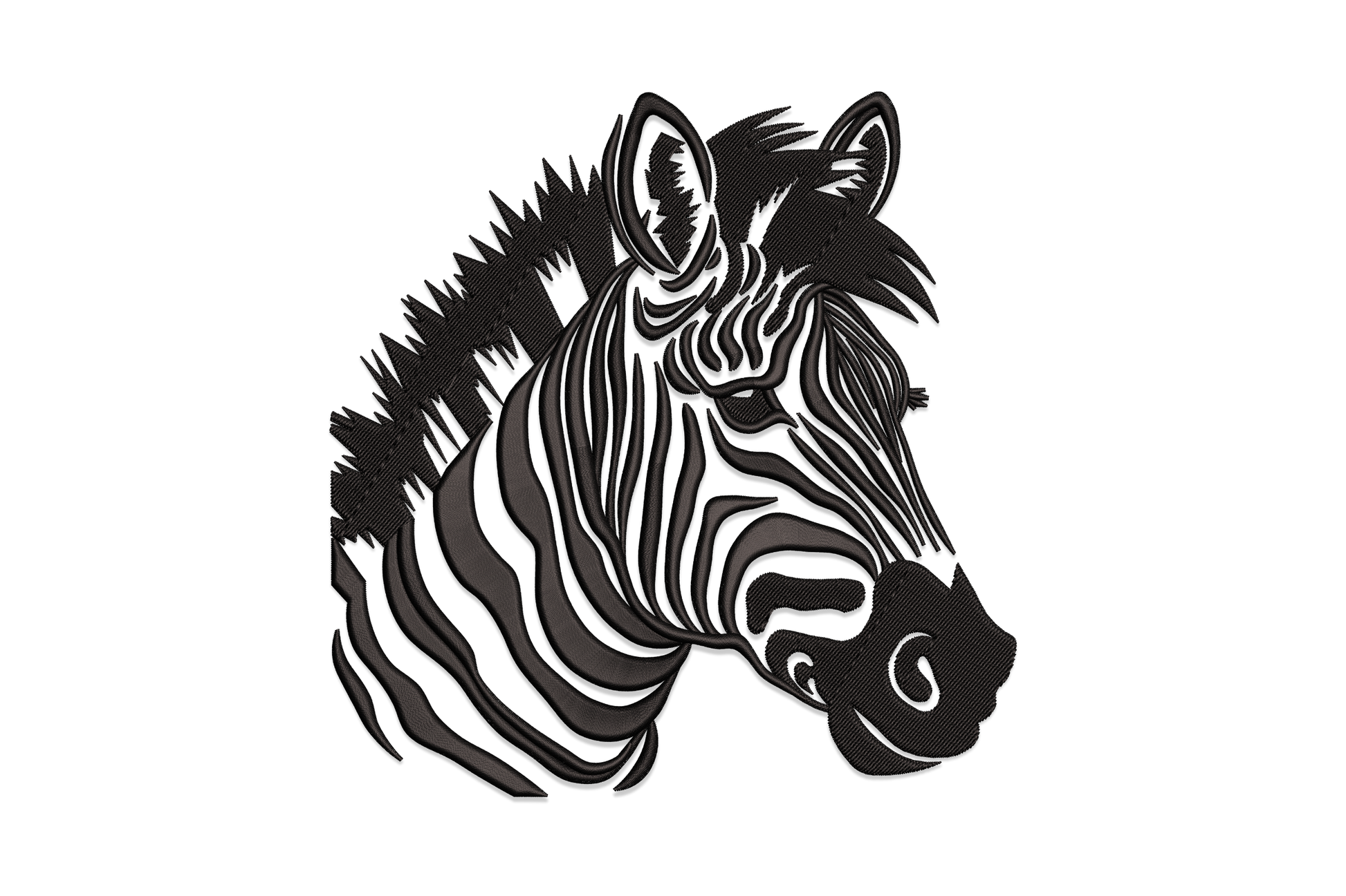 Zebra head embroidery design with directional black satin stripes, three-quarter portrait view, on white pique tote, single black thread.