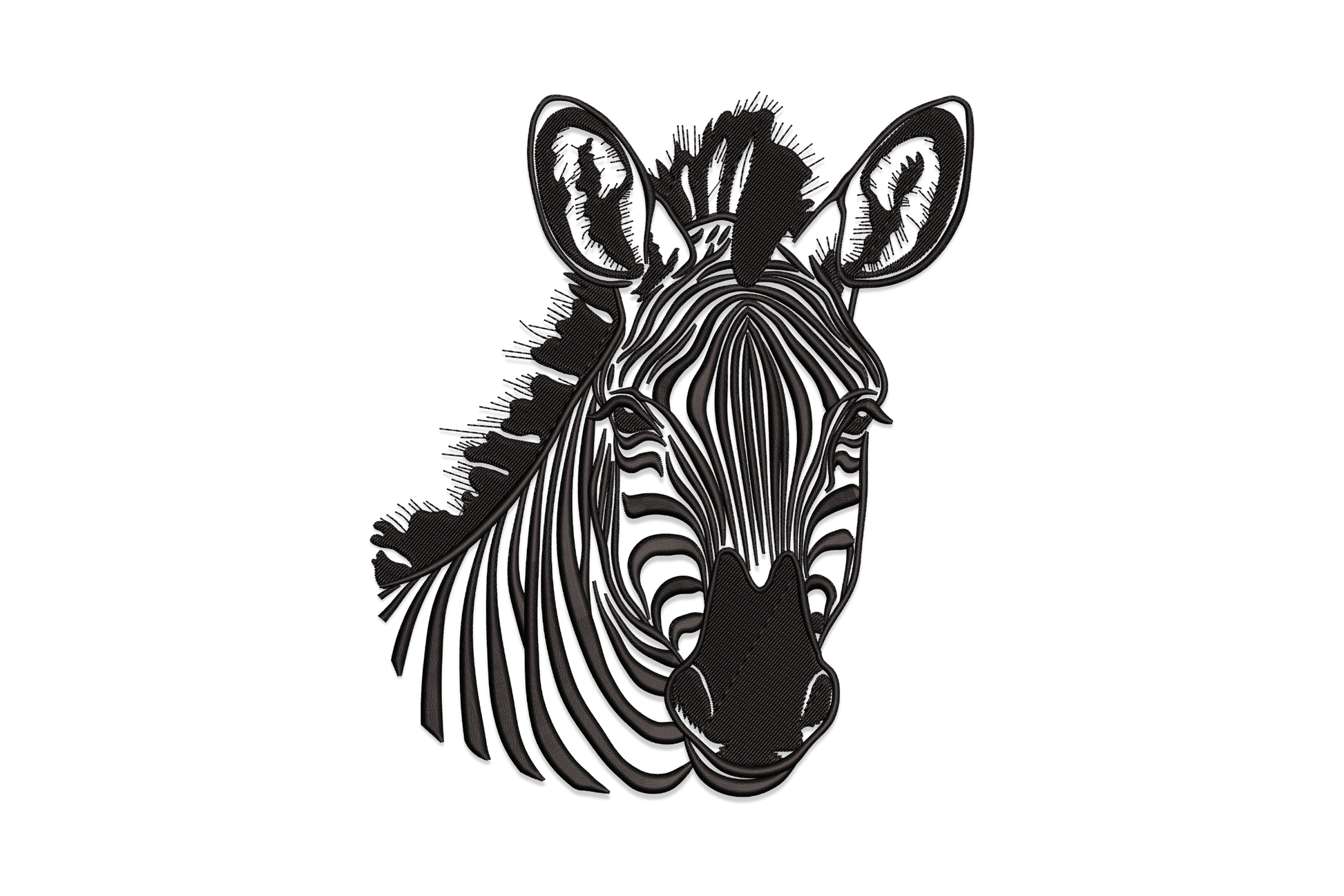 Zebra head embroidery design, realistic black and white stripe portrait facing forward with mane and alert ears, 1 colour.