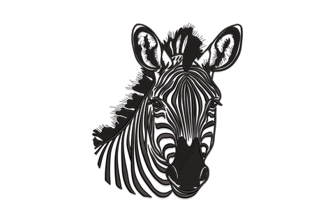Zebra head embroidery design, realistic black and white stripe portrait facing forward with mane and alert ears, 1 colour.