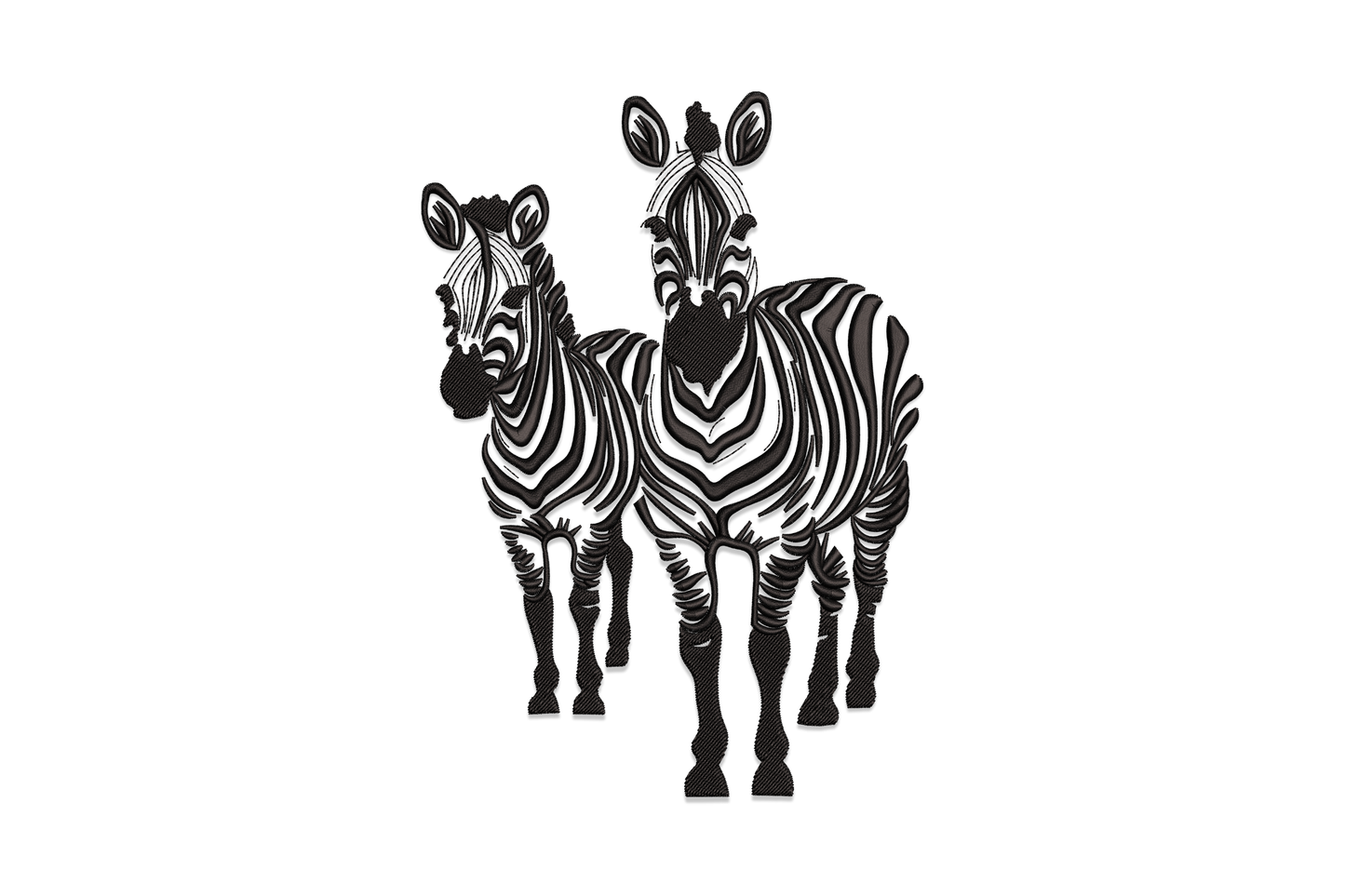 Zebra pair embroidery design showing two zebras standing side by side with dense black satin stripes, on charcoal sweatshirt, single black thread.