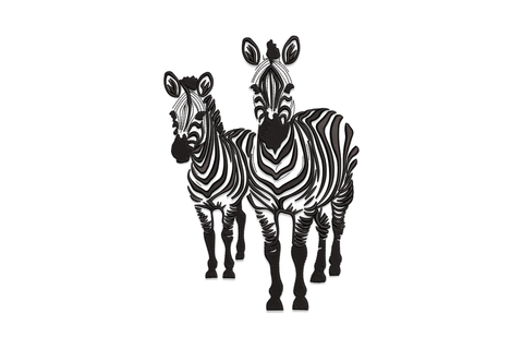 Zebra pair embroidery design showing two zebras standing side by side with dense black satin stripes, on charcoal sweatshirt, single black thread.